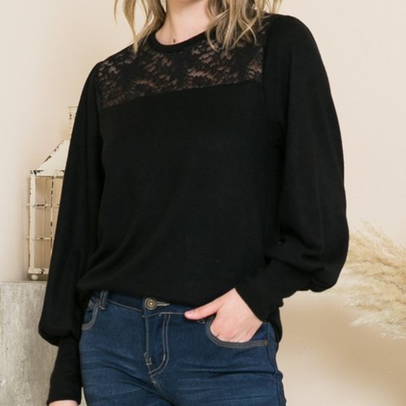 Black Lace Yoke Knit Top with Puff Sleeves - Picture 3 of 4